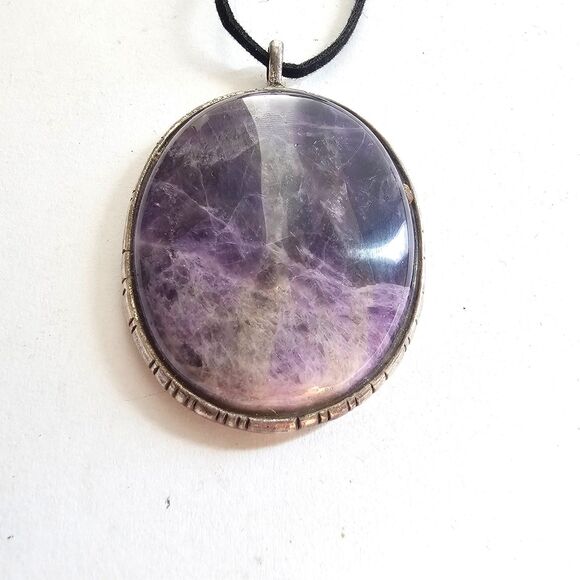 Natural Morado Opal Pendant Necklace Silver Tone Sun Mushroom Butterfly Back - Picture 2 of 5